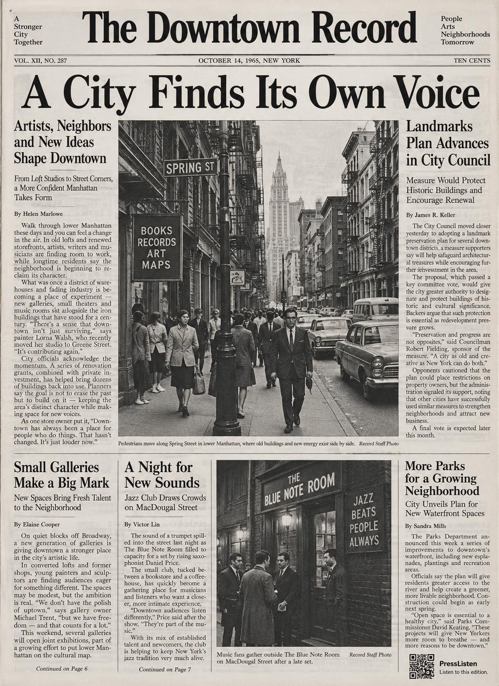 The Downtown Record, an original fictional 1965 New York newspaper with documentary-style street photography and a subtle PressListen QR illustration